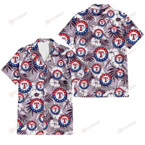 Texas Rangers White Hibiscus Violet Leaves Light Grey Background 3D Hawaiian Shirt