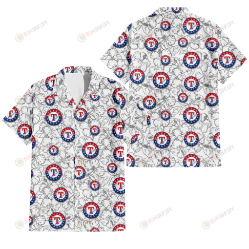 Texas Rangers White Sketch Hibiscus Pattern White Background 3D Hawaiian Shirt