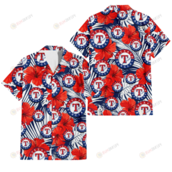 Texas Rangers White Tropical Leaf Red Hibiscus Navy Background 3D Hawaiian Shirt