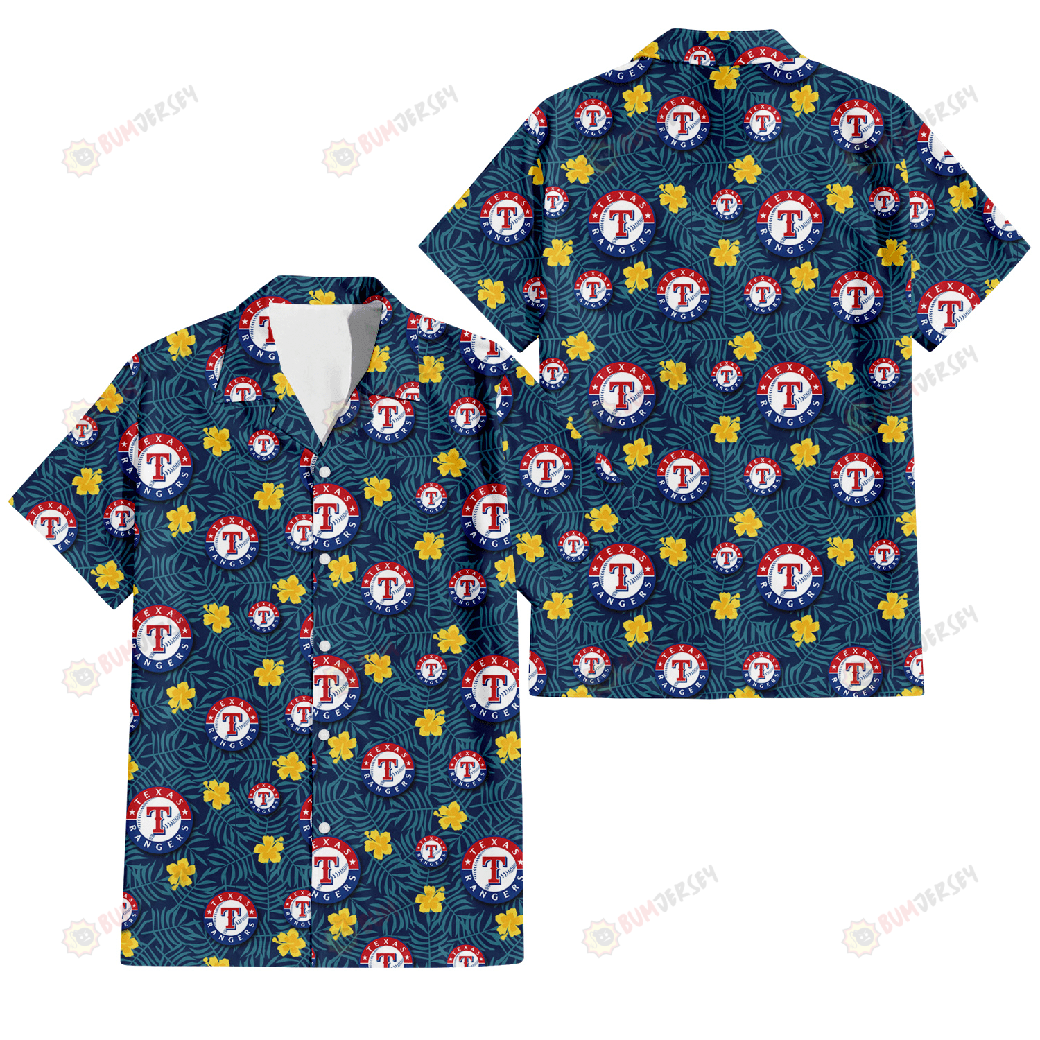 Texas Rangers Yellow Hibiscus Cadet Blue Leaf Navy Background 3D Hawaiian Shirt