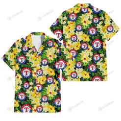 Texas Rangers Yellow Hibiscus Tropical Green Leaf Black Background 3D Hawaiian Shirt