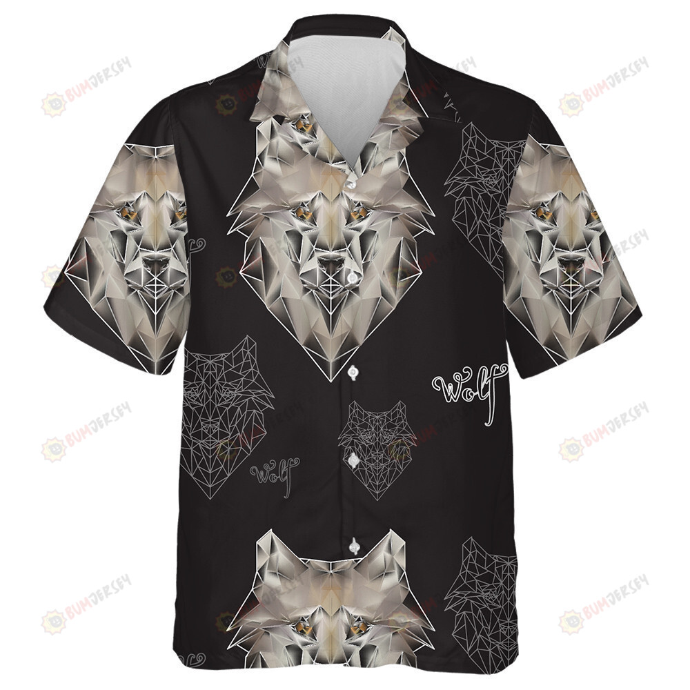 Texture Wolf Head Polygons On Black Hawaiian Shirt