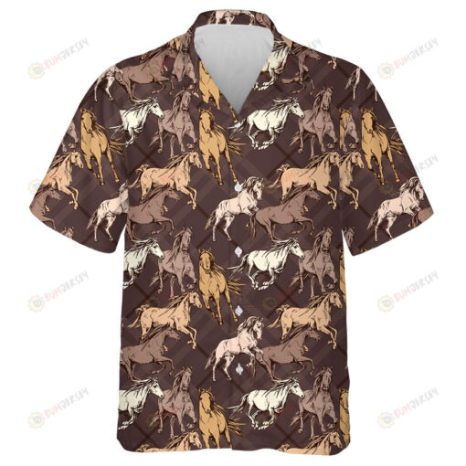 The Running Beautiful Horses On A Brown Checkered Hawaiian Shirt