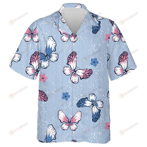 Theme Butterfly And Flowers On Blue Stripes Hawaiian Shirt