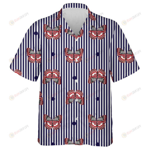 Theme Butterfly On Navy Blue And White Stripe Background Hawaiian Shirt