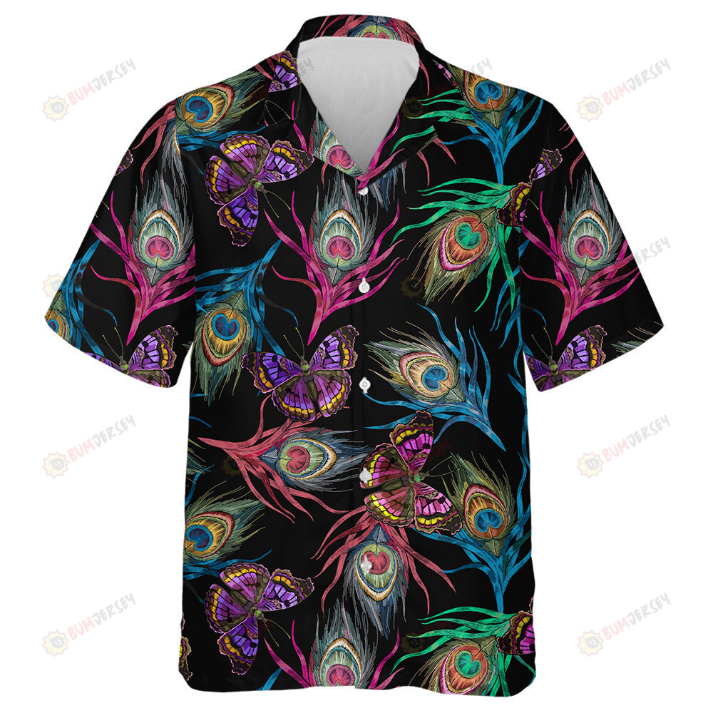 Theme Colorful Peacock Feathers And Flying Butterflies Hawaiian Shirt