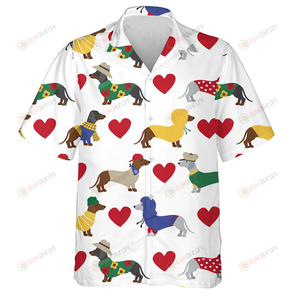 Theme Dachshund And Red Hearts On White Hawaiian Shirt