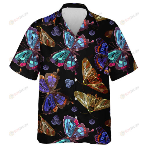 Theme Embroidery Butterflies And Berries Night Garden Art Hawaiian Shirt