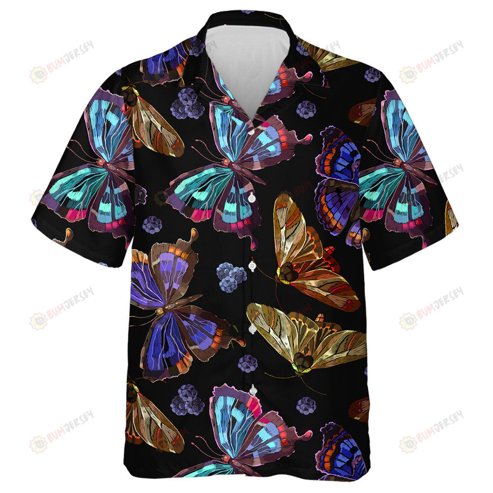 Theme Embroidery Butterflies And Berries Night Garden Art Hawaiian Shirt