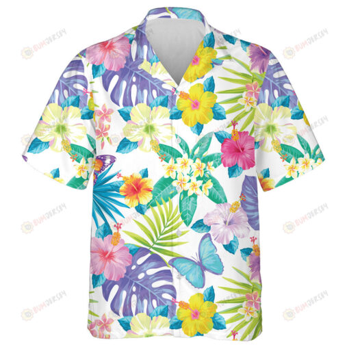Theme Exotic Flowers Palm Leaves And Butterflies Hawaiian Shirt