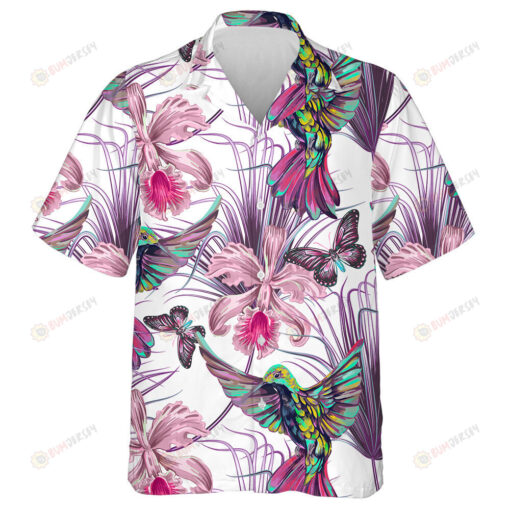 Theme Flying Hummingbirds Palm Leaves Orchids And Butterflies Hawaiian Shirt