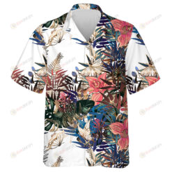 Theme Golden And Green Tropical Leaves With Orchids And Butterflies Hawaiian Shirt