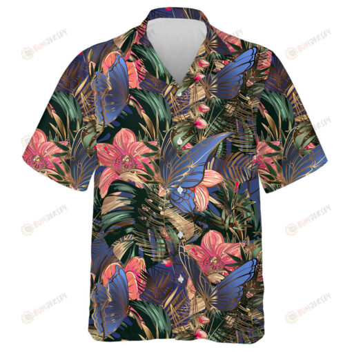 Theme Golden Tropical Leaves With Orchids And Butterflies Hawaiian Shirt