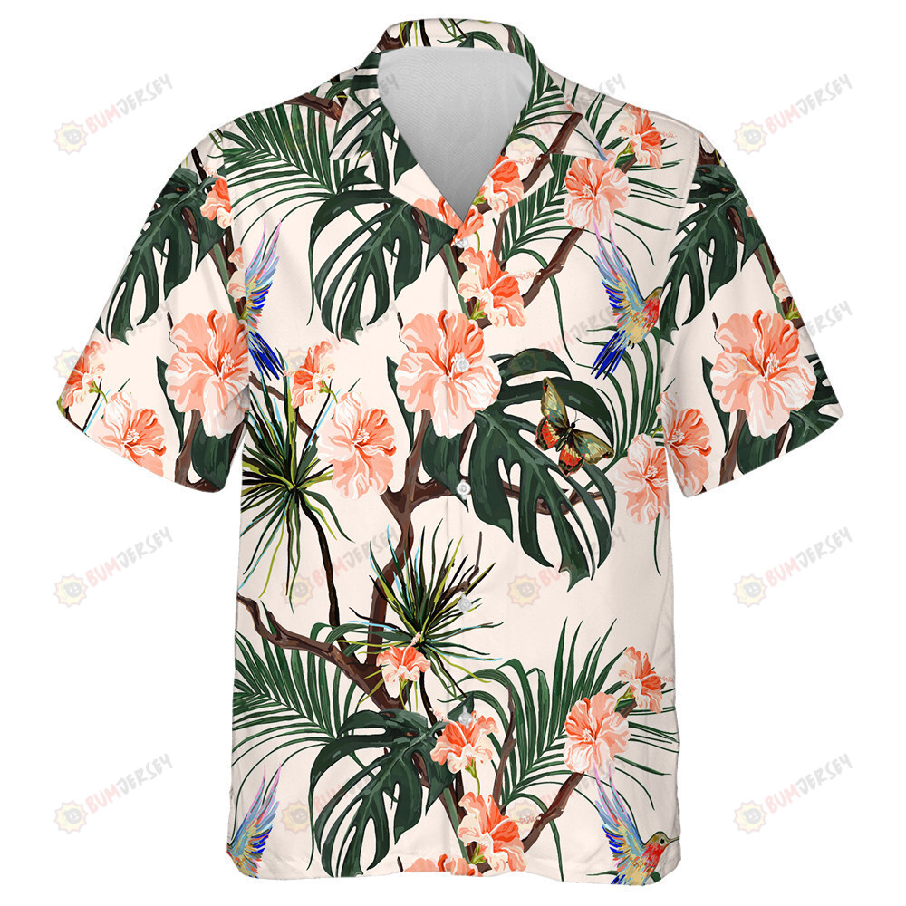 Theme Hummingbirds Butterflies Palm Leaves And Hibiscus Hawaiian Shirt