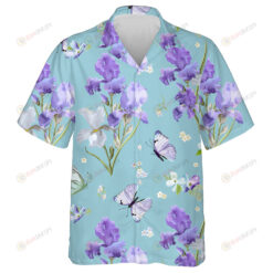 Theme Purple Blooming Iris Flowers And Flying Butterflies Hawaiian Shirt