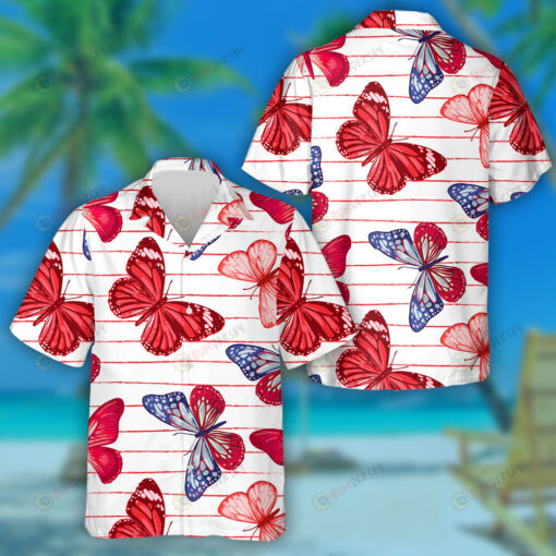 Theme Red And Blue Butterflies On A Red Strip Hawaiian Shirt