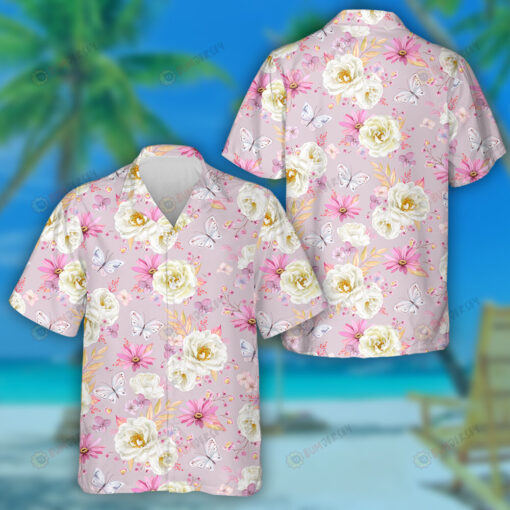 Theme Spring With White Roses Purple Pyrethrums Small Roses And Flying Butterflies Hawaiian Shirt