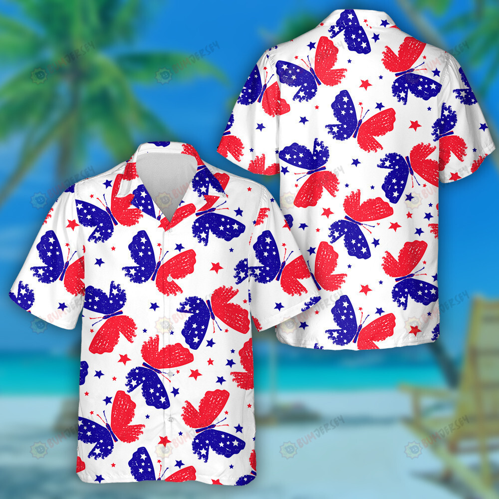 Theme Tricolor Red Blue White Butterflies And Stars Hawaiian Shirt