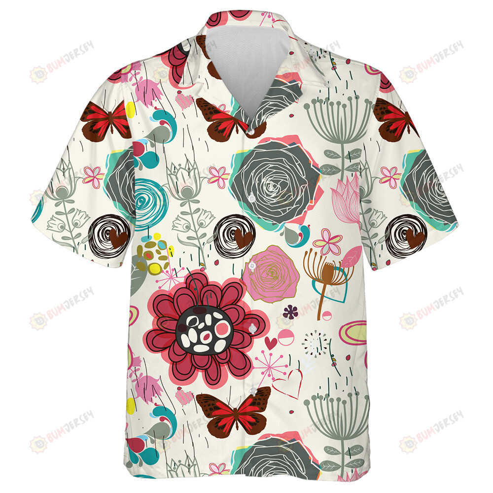 Theme Tropical Floral And Butterfly In Retro Style Hawaiian Shirt