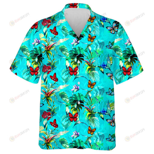 Theme Wild Flowers With Tropical Leaf And Butterfly Around On Blue Hawaiian Shirt