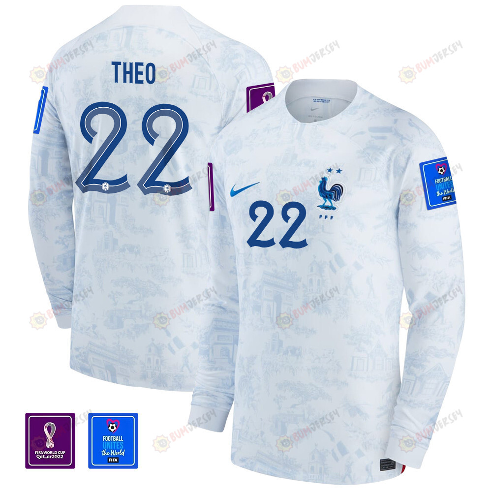 Theo Hernandez 22 France National Team FIFA World Cup Qatar 2022 Patch - Men Away Long Sleeve Jersey