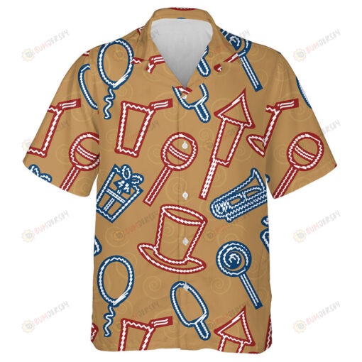 Thick Outline Drawing By Hand With Independence Day Icons Hawaiian Shirt