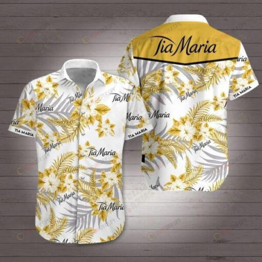 Tia Maria Yellow White Pattern Short Sleeve Curved Hawaiian Shirt