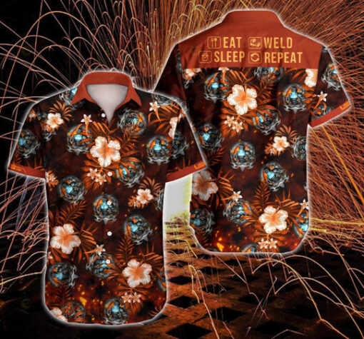 Tlab Welder Eat Sleep Weld Repeat Curved Hawaiian Shirt