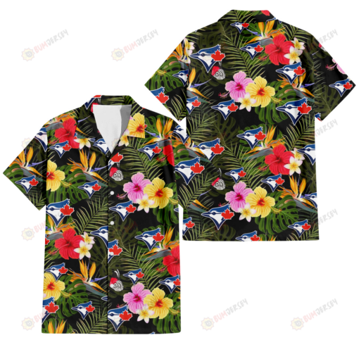 Toronto Blue Jays Colorful Hibiscus Green Leaf Back Background 3D Hawaiian Shirt