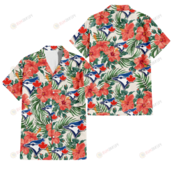 Toronto Blue Jays Coral Hibiscus Green Leaf Beige Background 3D Hawaiian Shirt