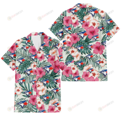 Toronto Blue Jays Coral Pink Hibiscus Green Leaf Beige Background 3D Hawaiian Shirt