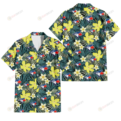 Toronto Blue Jays Hibiscus Green Palm Leaf Black Background 3D Hawaiian Shirt