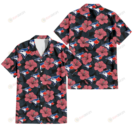 Toronto Blue Jays Light Coral Hibiscus Gray Leaf Black Background 3D Hawaiian Shirt