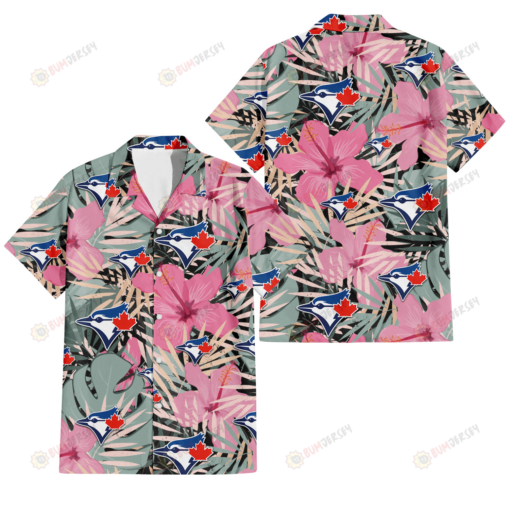Toronto Blue Jays Light Pink Hibiscus Pale Green Leaf Black Background 3D Hawaiian Shirt