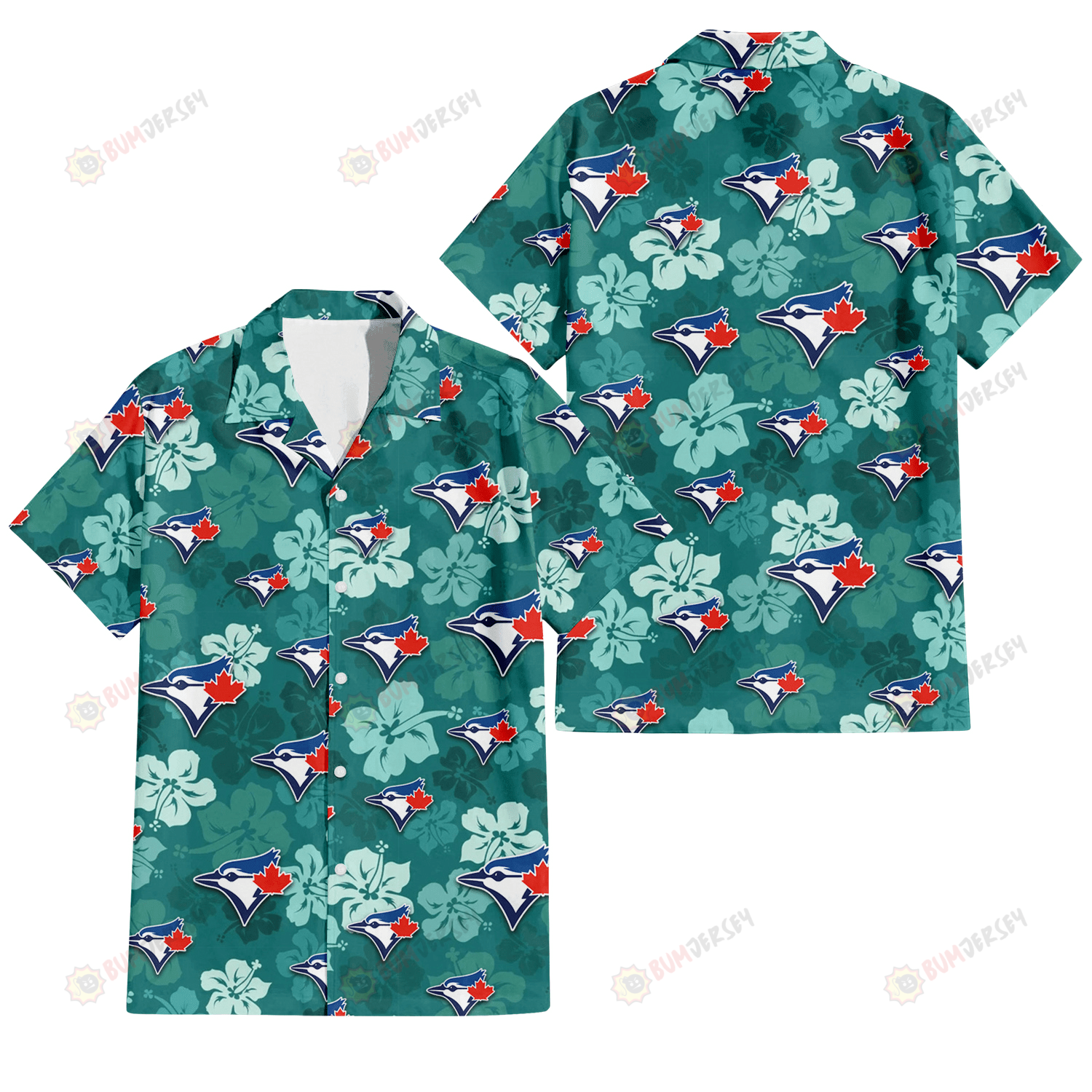 Toronto Blue Jays Light Sea Green Hibiscus Green Background 3D Hawaiian Shirt