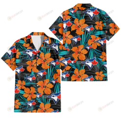 Toronto Blue Jays Orange Hibiscus Blue Gray Leaf Black Background 3D Hawaiian Shirt
