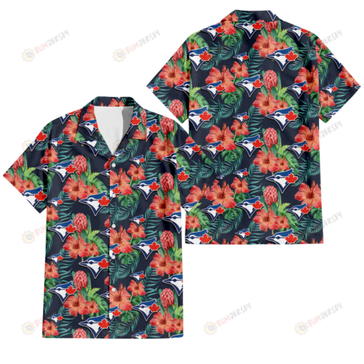 Toronto Blue Jays Orange Hibiscus Green Tropical Leaf Dark Background 3D Hawaiian Shirt