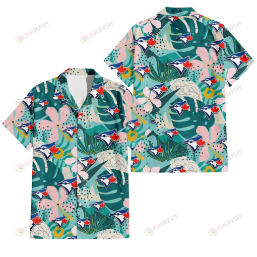 Toronto Blue Jays Pastel Hibiscus Palm Leaf Tiny Dot Green Background 3D Hawaiian Shirt