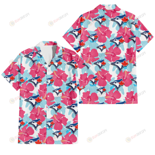 Toronto Blue Jays Pink Blue Hibiscus White Background 3D Hawaiian Shirt