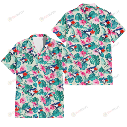 Toronto Blue Jays Pink Hibiscus Green Leaf Beige Background 3D Hawaiian Shirt