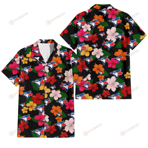 Toronto Blue Jays Pink Orange Yellow White Hibiscus Black Background 3D Hawaiian Shirt