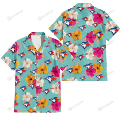 Toronto Blue Jays Pink Yellow White Hibiscus Turquoise Background 3D Hawaiian Shirt