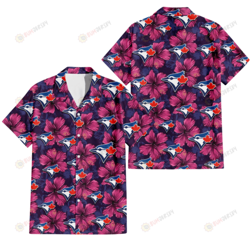 Toronto Blue Jays Plum Vilolet Hibiscus Dark Navy Leaf Black 3D Hawaiian Shirt