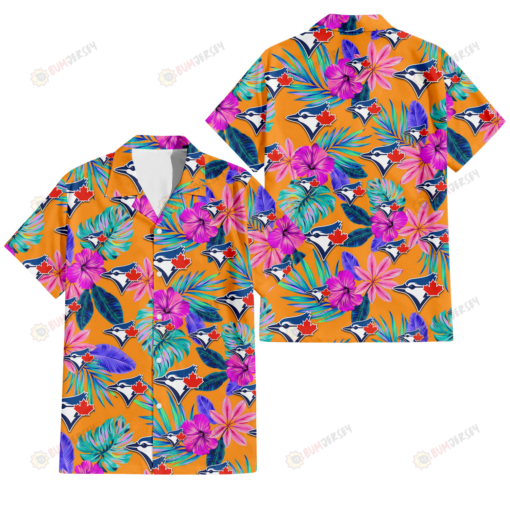 Toronto Blue Jays Purple Hibiscus Neon Leaf Orange Background 3D Hawaiian Shirt