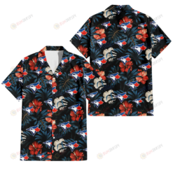 Toronto Blue Jays Red And White Hibiscus Dark Leaf Black Background 3D Hawaiian Shirt