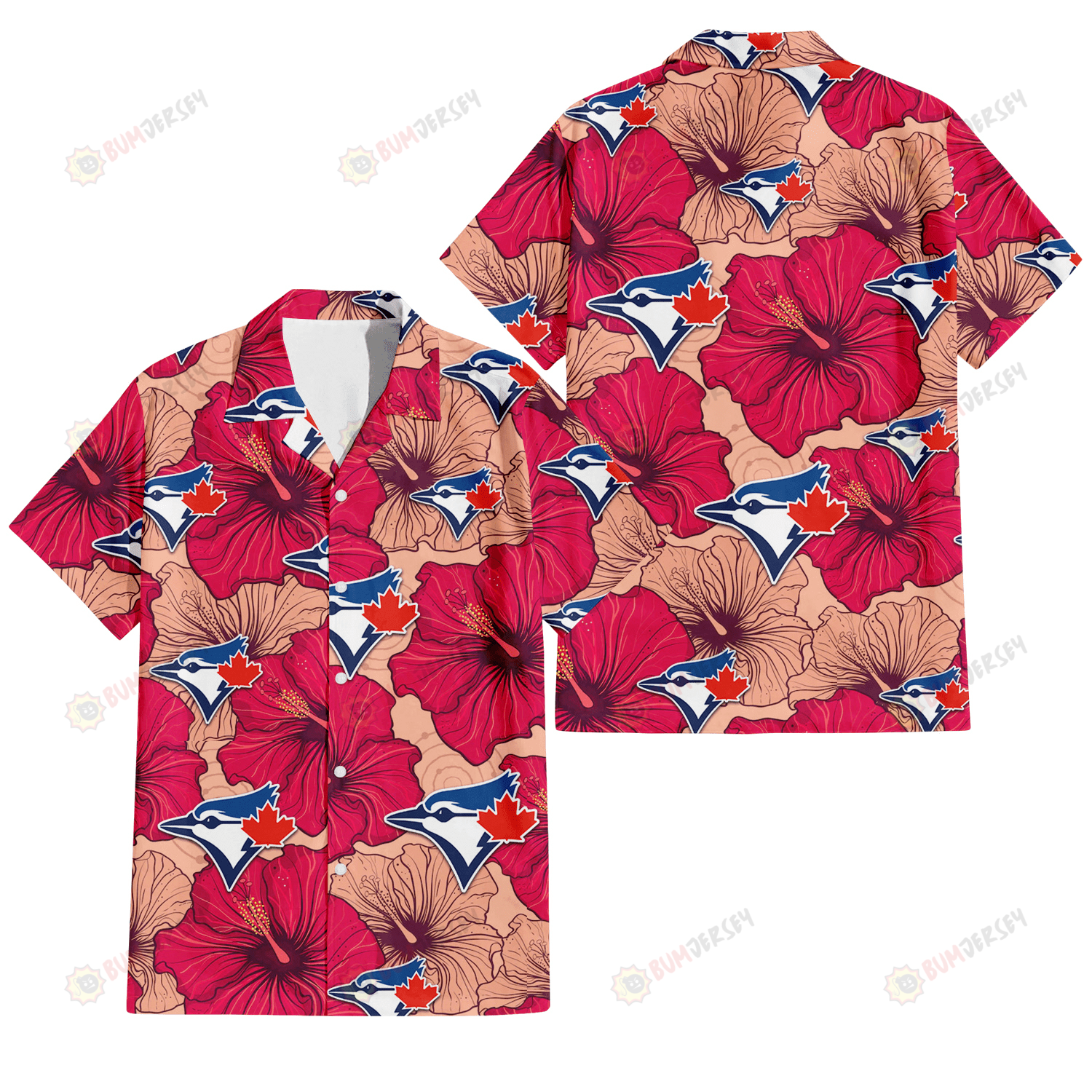 Toronto Blue Jays Red Beige Hibiscus Beige Background 3D Hawaiian Shirt