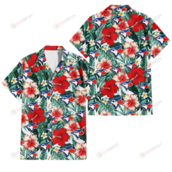 Toronto Blue Jays Red Coral Hibiscus White Porcelain Flower Banana Leaf 3D Hawaiian Shirt