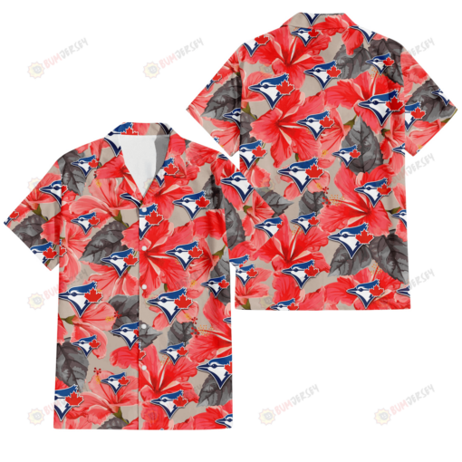 Toronto Blue Jays Red Hibiscus Gray Leaf Beige Background 3D Hawaiian Shirt