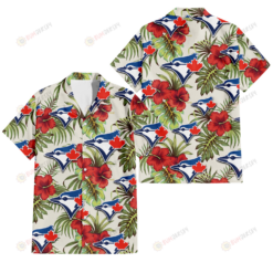 Toronto Blue Jays Red Hibiscus Green Tropical Leaf Cream Background 3D Hawaiian Shirt