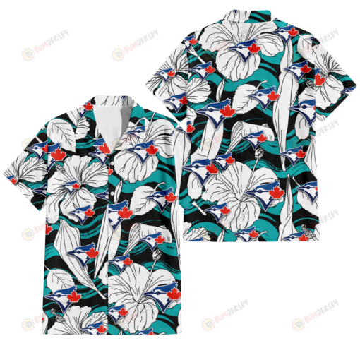 Toronto Blue Jays White Hibiscus Turquoise Wave Black Background 3D Hawaiian Shirt